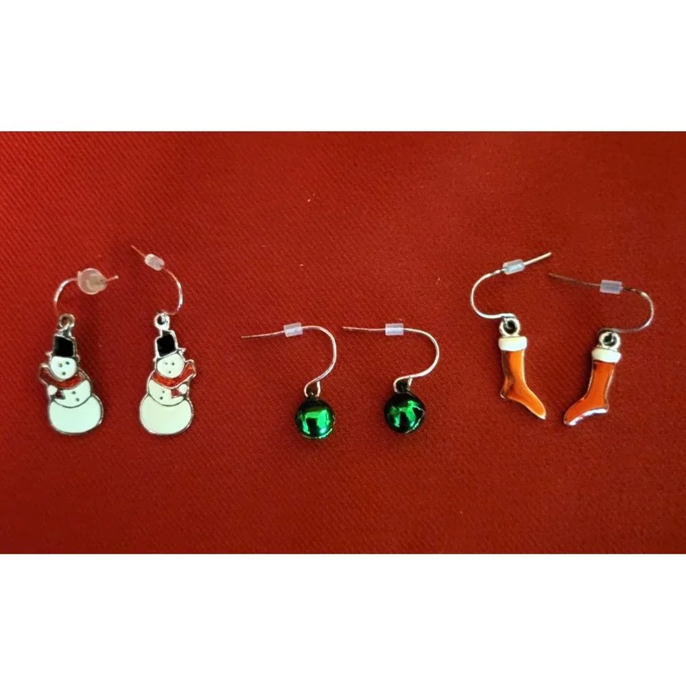 Christmas Earrings Holiday Snowman Green Christmas Balls Red Boots Set of 3